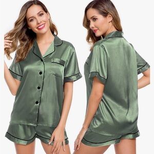 Swomog Two-Piece Button-Down Green Satin PJ Set